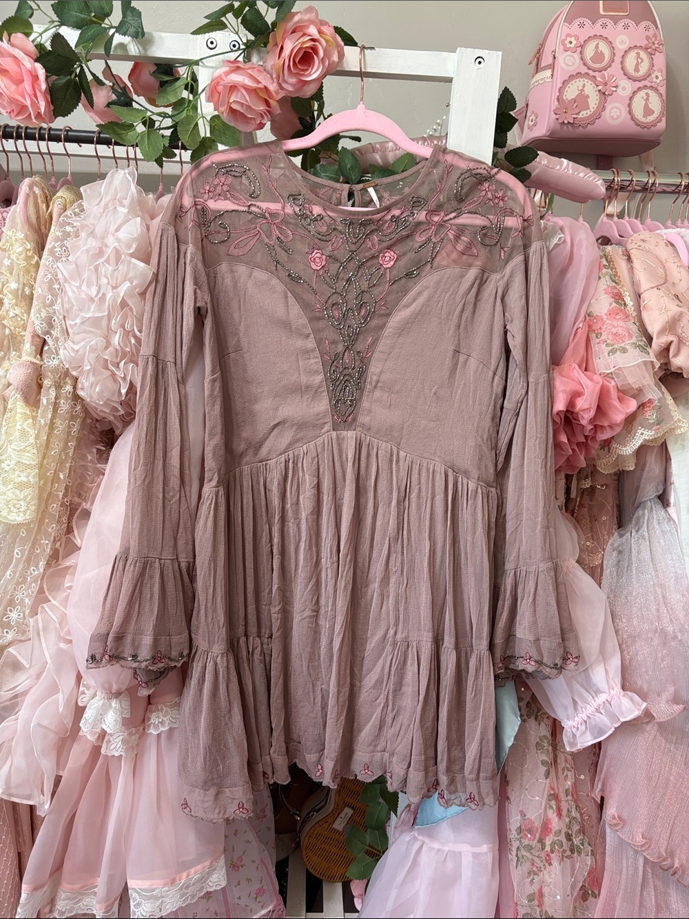 Free People Dusty Rose Embroidered Tiered Mini Dress